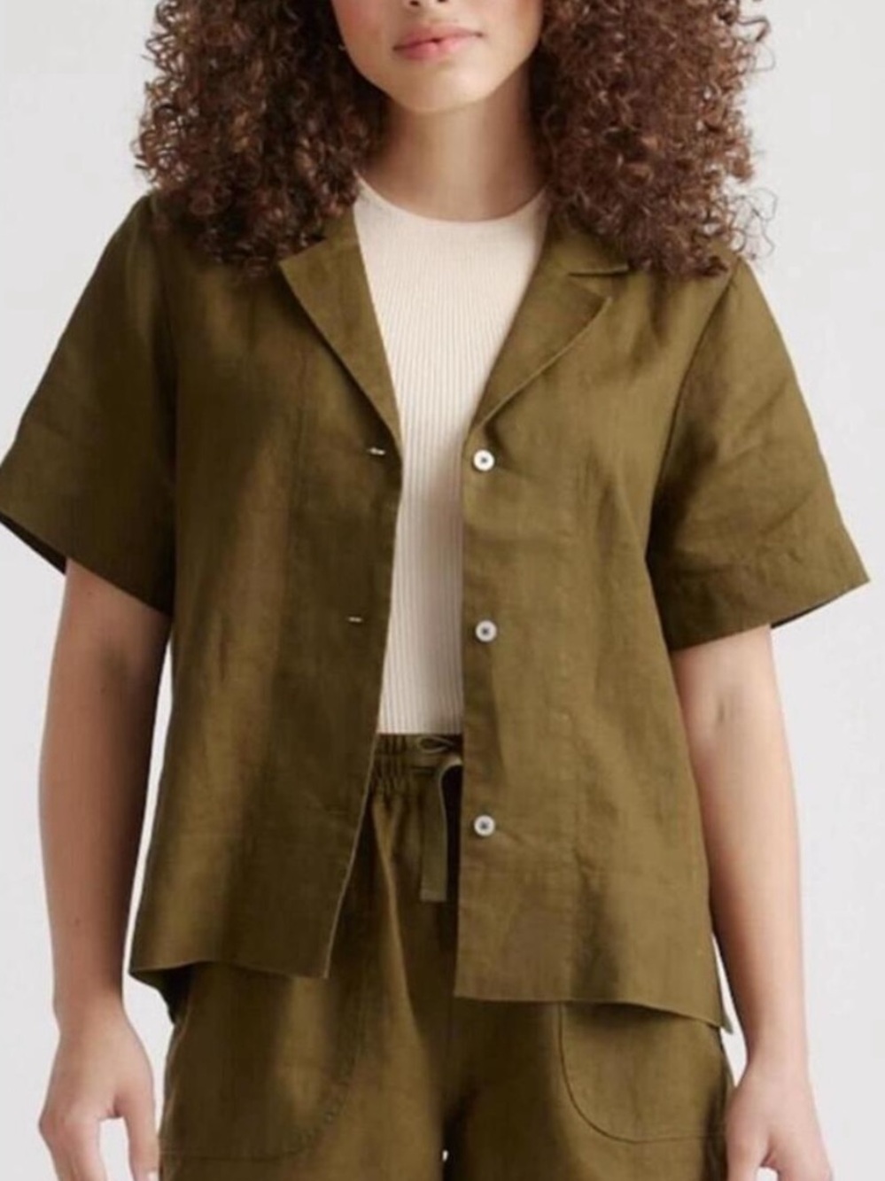 Quince 100% Linen Short Sleeve Button Down Boxy Shirt Olive Green Size XS
